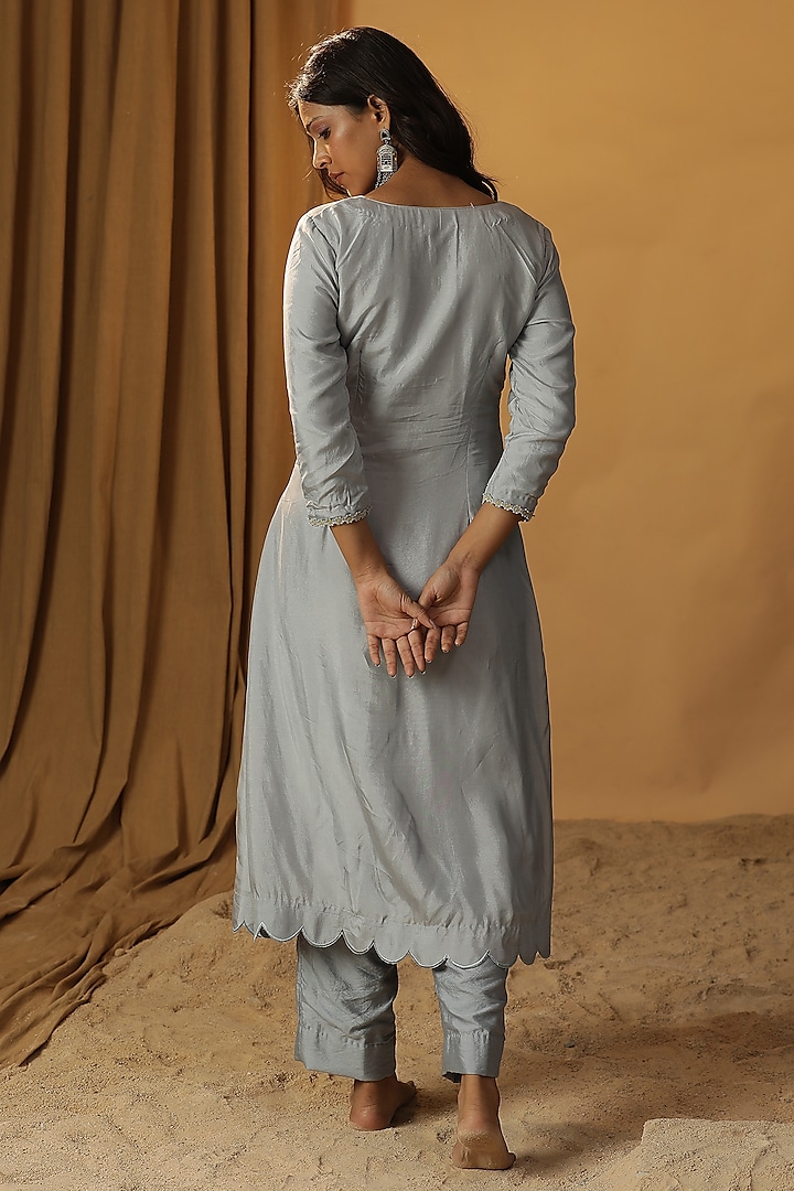 Ice Blue Summer Silk Foil Painted & Cutdana Work Kurta Set by Arpita Sulakshana at Pernia's Pop Up Shop