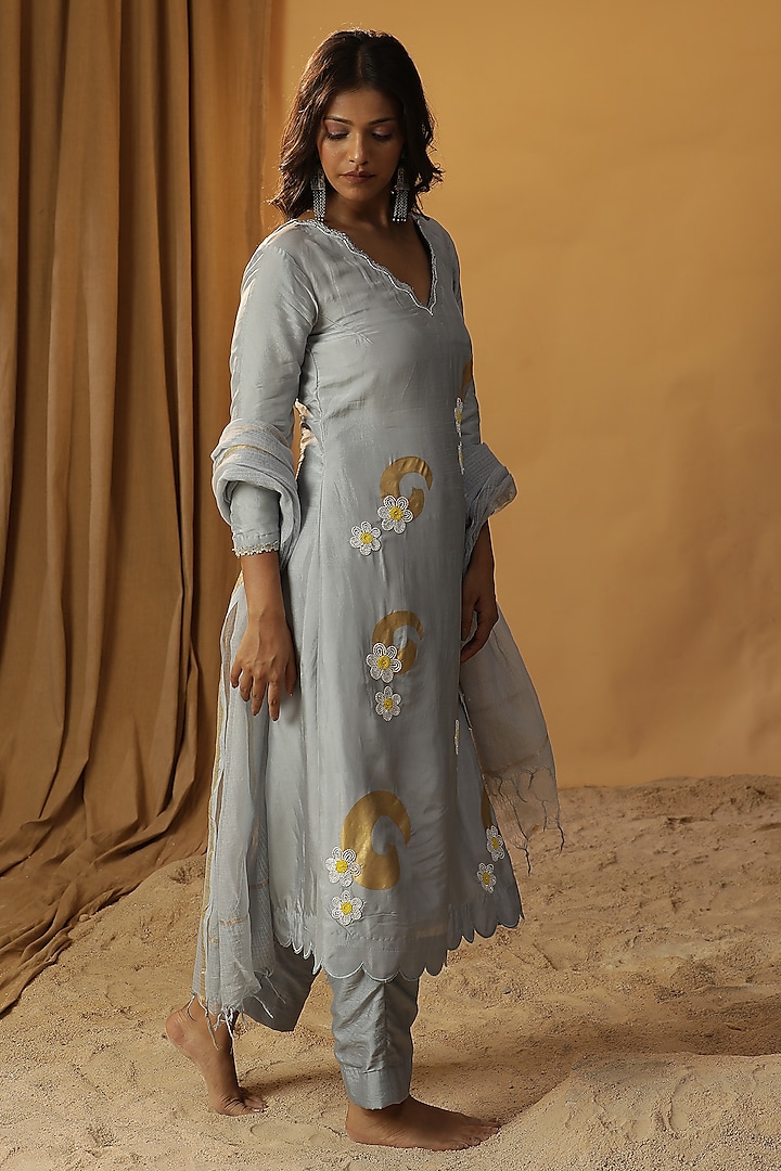 Ice Blue Summer Silk Foil Painted & Cutdana Work Kurta Set by Arpita Sulakshana at Pernia's Pop Up Shop