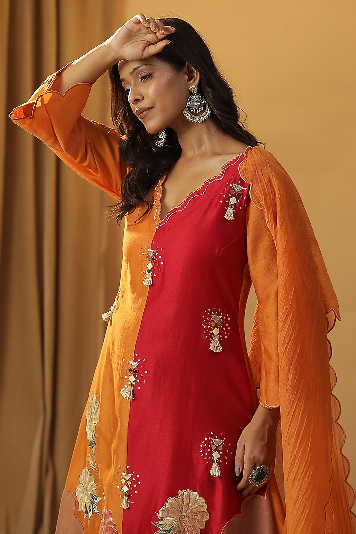 Orange Chanderi Silk Hand Painted Kurta Set by Arpita Sulakshana at Pernia's Pop Up Shop