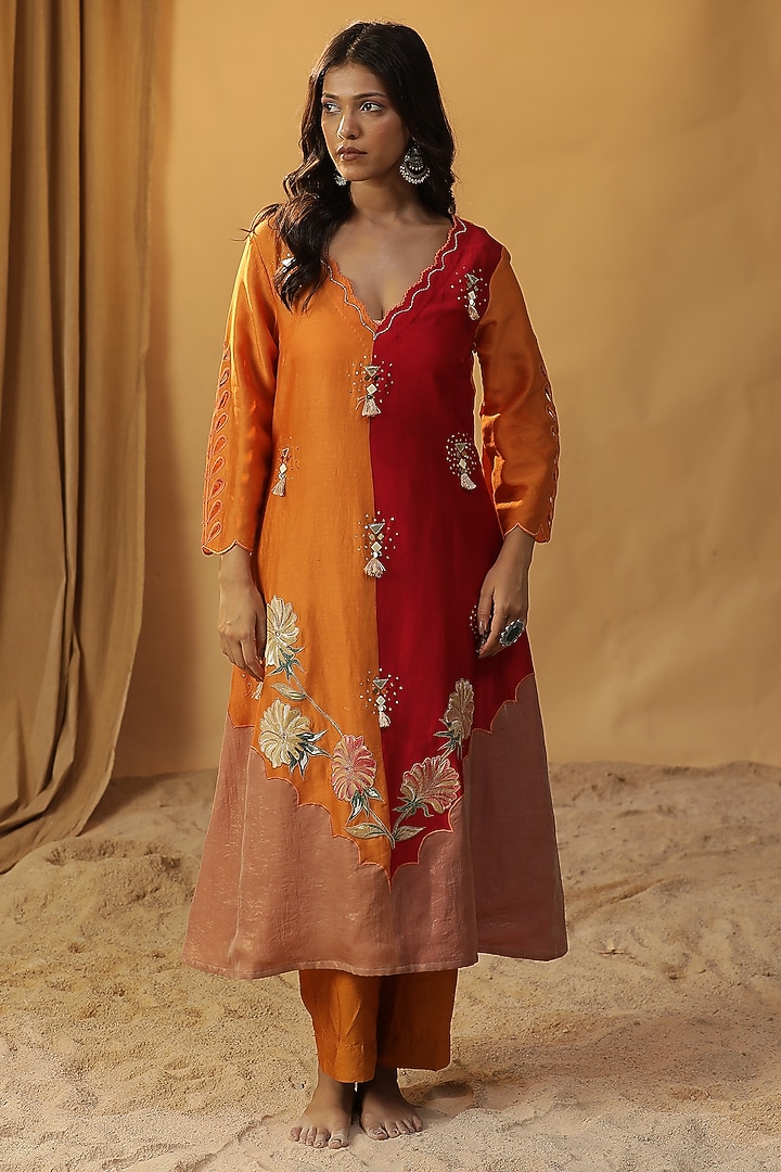 Orange Chanderi Silk Hand Painted Kurta Set by Arpita Sulakshana at Pernia's Pop Up Shop