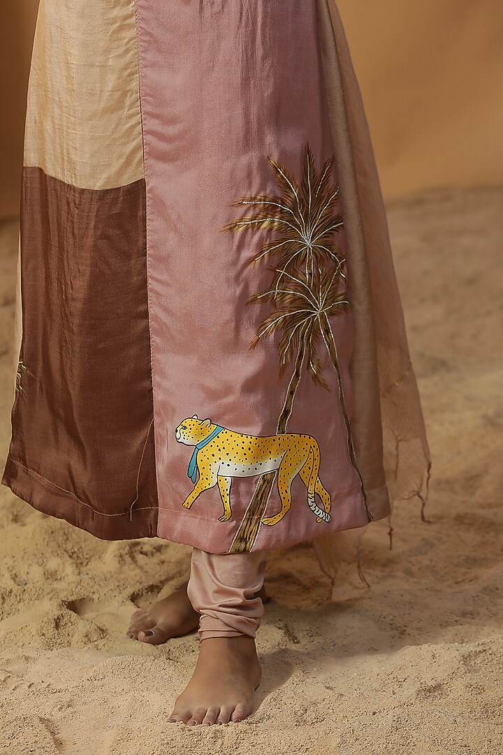 Peach Pink Summer Silk Block Printed & Gota Work Kurta Set by Arpita Sulakshana at Pernia's Pop Up Shop
