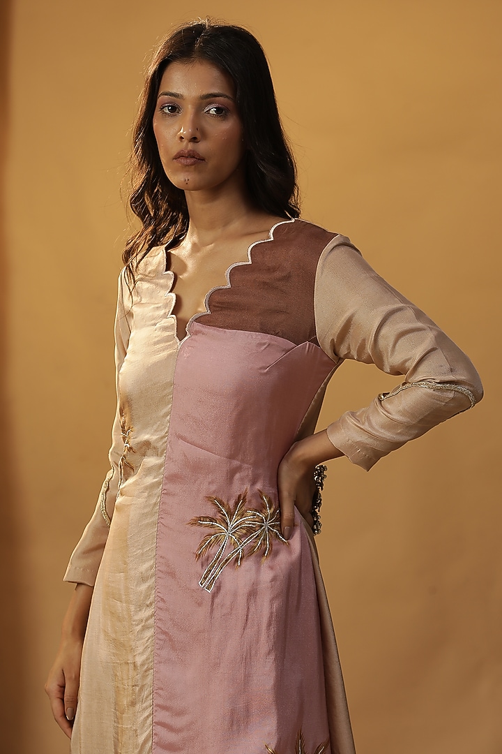 Peach Pink Summer Silk Block Printed & Gota Work Kurta Set by Arpita Sulakshana at Pernia's Pop Up Shop
