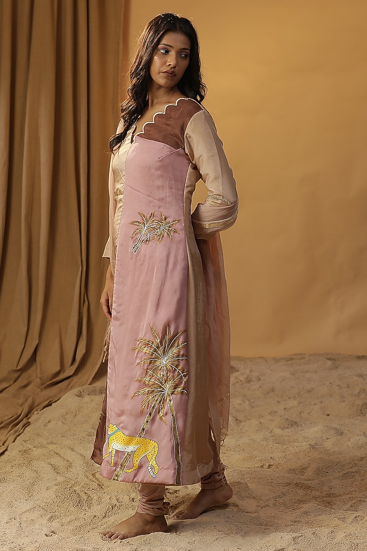 Peach Pink Summer Silk Block Printed & Gota Work Kurta Set by Arpita Sulakshana at Pernia's Pop Up Shop