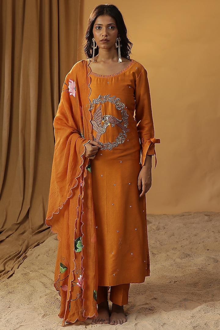 Rust Orange Chanderi Bird Embroidered Kurta Set by Arpita Sulakshana at Pernia's Pop Up Shop