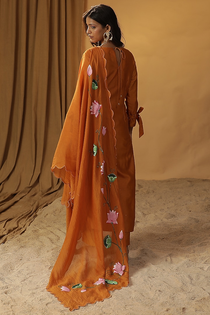 Rust Orange Chanderi Bird Embroidered Kurta Set by Arpita Sulakshana at Pernia's Pop Up Shop