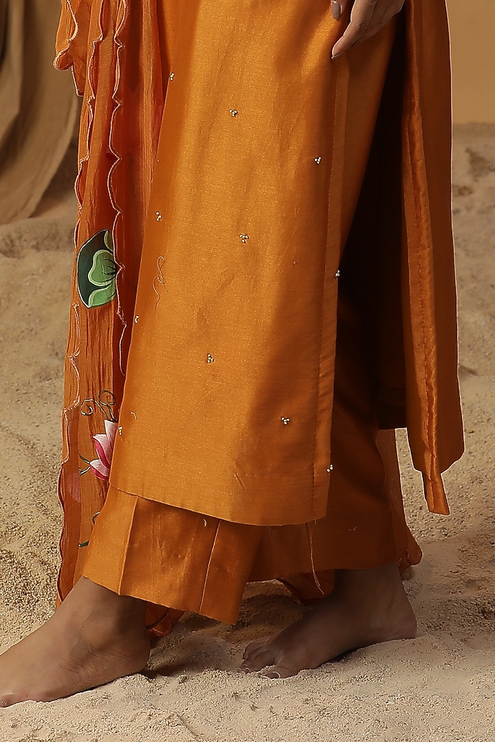 Rust Orange Chanderi Bird Embroidered Kurta Set by Arpita Sulakshana at Pernia's Pop Up Shop
