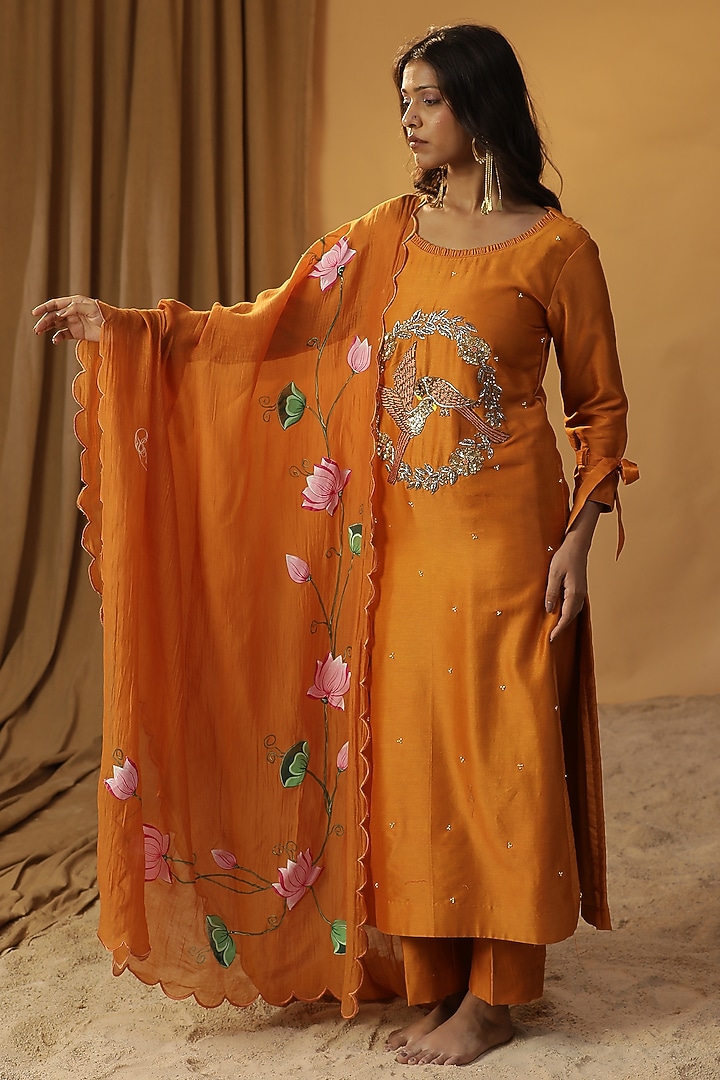 Rust Orange Chanderi Bird Embroidered Kurta Set by Arpita Sulakshana at Pernia's Pop Up Shop