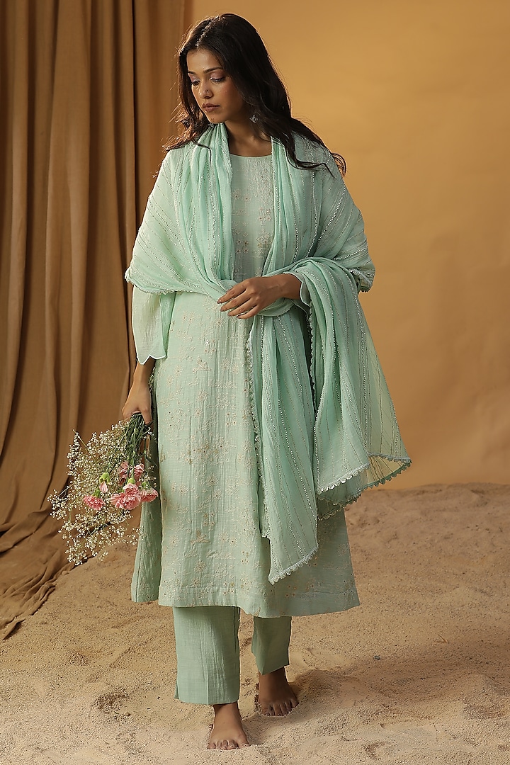 Sea Green Chanderi Sequins & Resham Work Kurta Set by Arpita Sulakshana at Pernia's Pop Up Shop