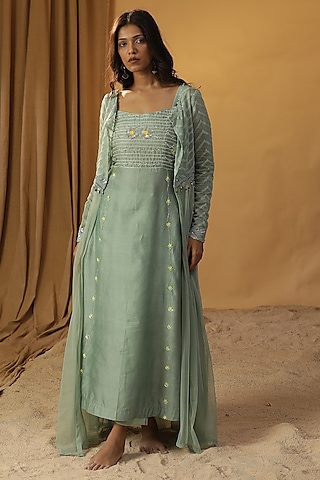 Sea Green Chanderi Embroidered Jacket Dress by Arpita Sulakshana