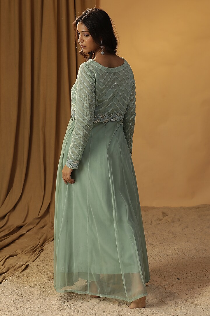 Sea Green Chanderi Embroidered Jacket Vacation Dress by Arpita Sulakshana at Pernia's Pop Up Shop