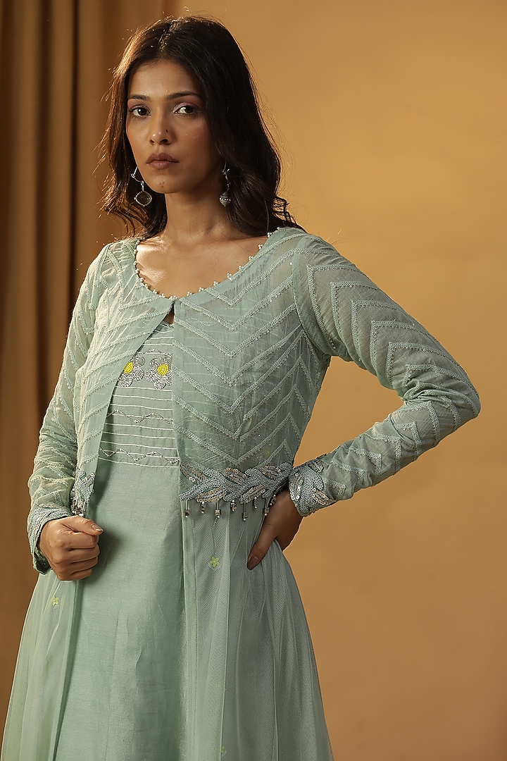 Sea Green Chanderi Embroidered Jacket Vacation Dress by Arpita Sulakshana at Pernia's Pop Up Shop