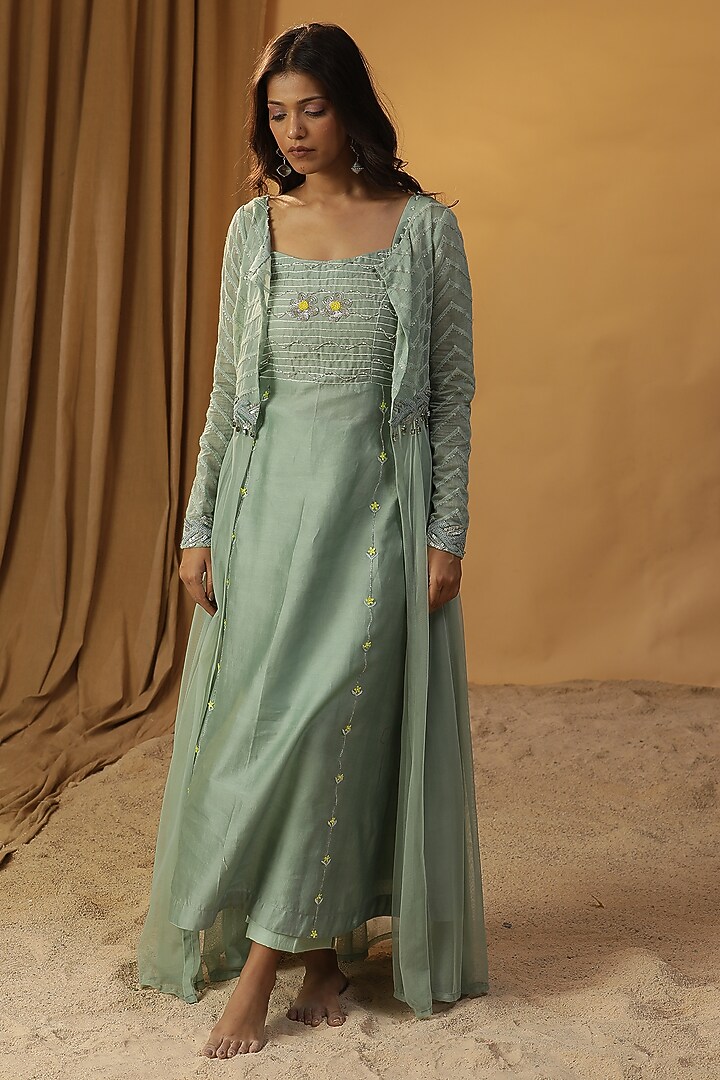 Sea Green Chanderi Embroidered Jacket Vacation Dress by Arpita Sulakshana at Pernia's Pop Up Shop