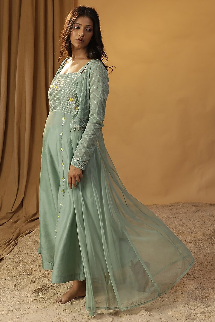 Sea Green Chanderi Embroidered Jacket Vacation Dress by Arpita Sulakshana at Pernia's Pop Up Shop