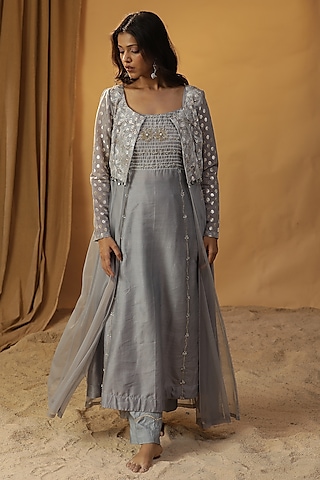 Sea Green Chanderi Embroidered Jacket Dress by Arpita Sulakshana