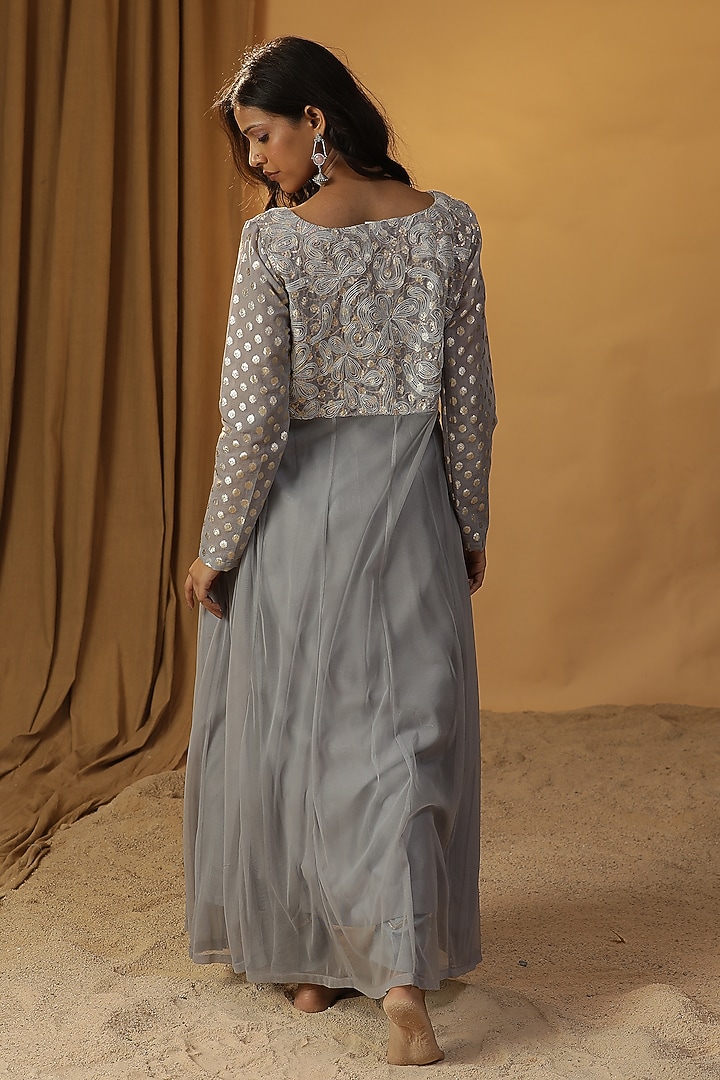 Sea Green Chanderi Embroidered Jacket Vacation Dress by Arpita Sulakshana at Pernia's Pop Up Shop