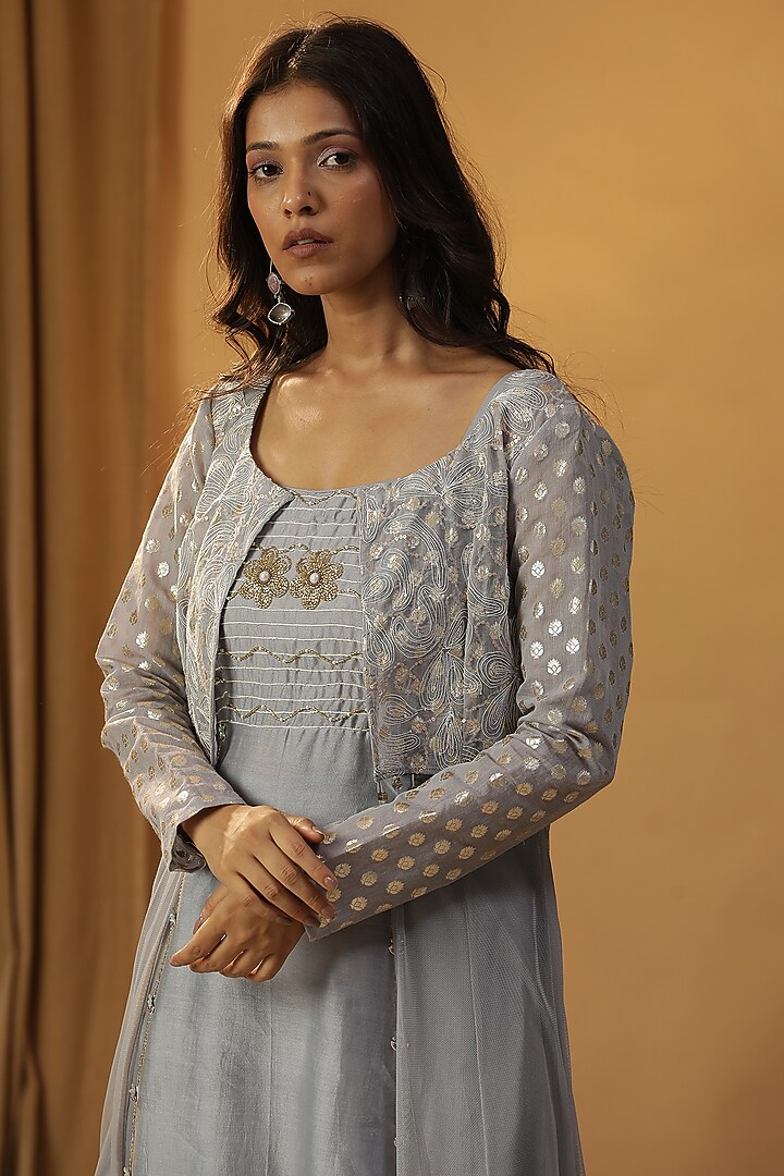 Sea Green Chanderi Embroidered Jacket Vacation Dress by Arpita Sulakshana at Pernia's Pop Up Shop