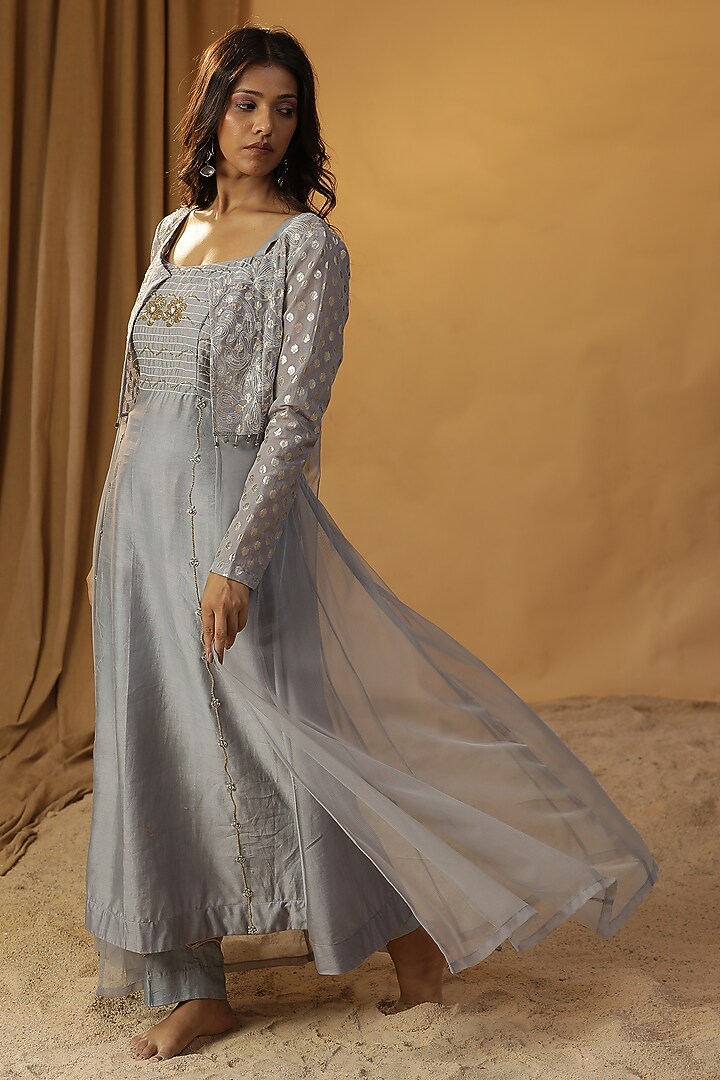 Sea Green Chanderi Embroidered Jacket Vacation Dress by Arpita Sulakshana at Pernia's Pop Up Shop