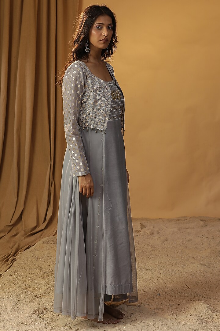 Sea Green Chanderi Embroidered Jacket Vacation Dress by Arpita Sulakshana at Pernia's Pop Up Shop