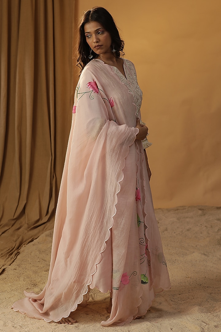 Baby Pink Chanderi Thread Work A-line Kurta Set by Arpita Sulakshana at Pernia's Pop Up Shop
