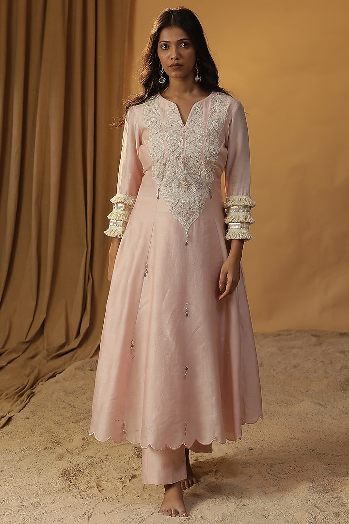 Baby Pink Chanderi Thread Work A-line Kurta Set by Arpita Sulakshana at Pernia's Pop Up Shop
