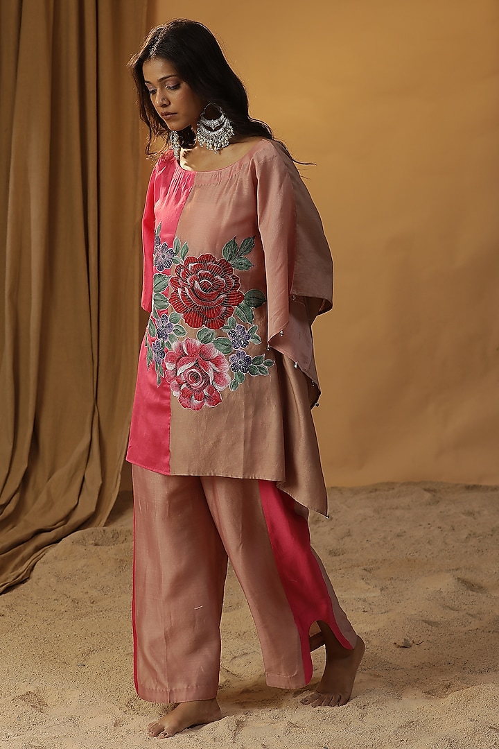 Pink Chanderi Floral Block Print & Hand Painted Co-Ord Set by Arpita Sulakshana at Pernia's Pop Up Shop