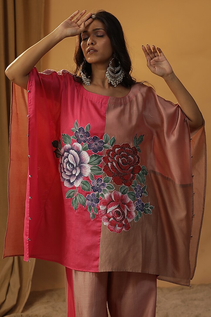 Pink Chanderi Floral Block Print & Hand Painted Co-Ord Set by Arpita Sulakshana at Pernia's Pop Up Shop
