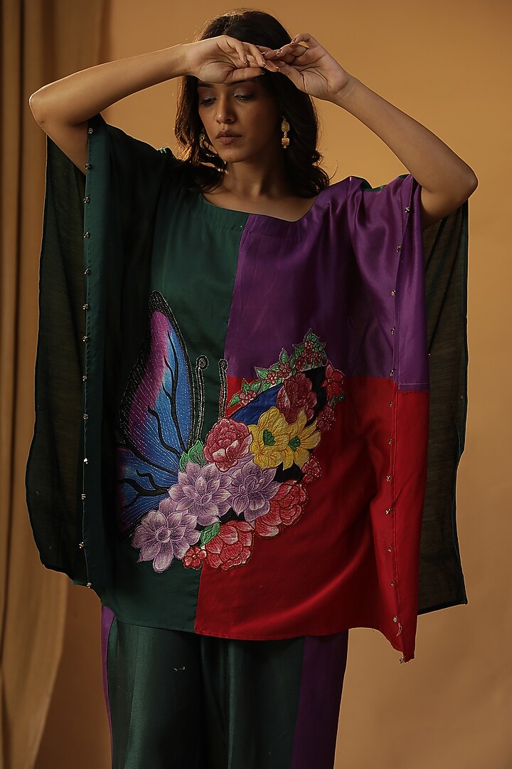 Green Chanderi Butterfly Block Print & Hand Painted Co-Ord Set by Arpita Sulakshana at Pernia's Pop Up Shop