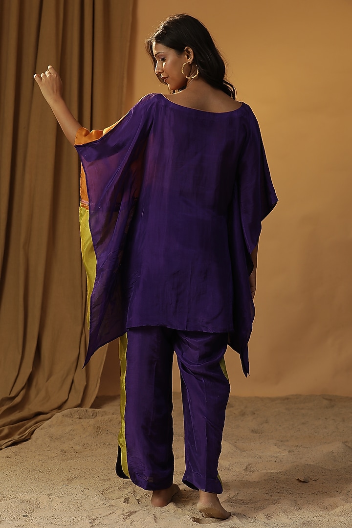 Purple Chanderi Floral Block Print & Hand Painted Co-Ord Set by Arpita Sulakshana at Pernia's Pop Up Shop