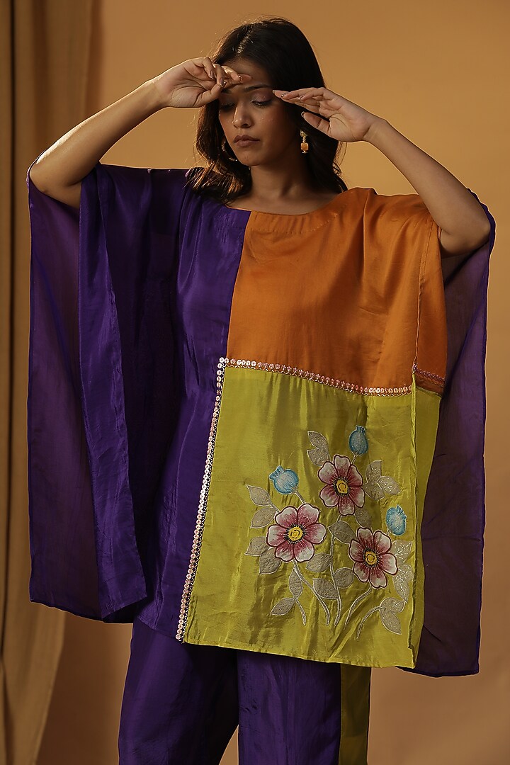 Purple Chanderi Floral Block Print & Hand Painted Co-Ord Set by Arpita Sulakshana at Pernia's Pop Up Shop