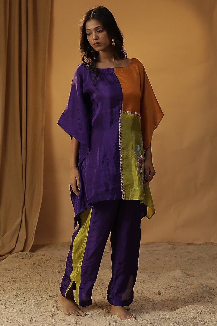 Purple Chanderi Floral Block Print & Hand Painted Co-Ord Set by Arpita Sulakshana at Pernia's Pop Up Shop