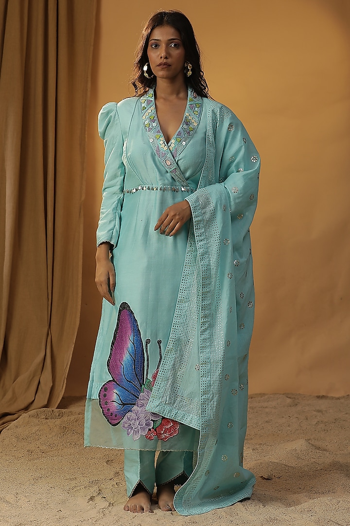 Sky Blue Chanderi Stone Work & Butterfly Hand Painted Kurta Set by Arpita Sulakshana at Pernia's Pop Up Shop