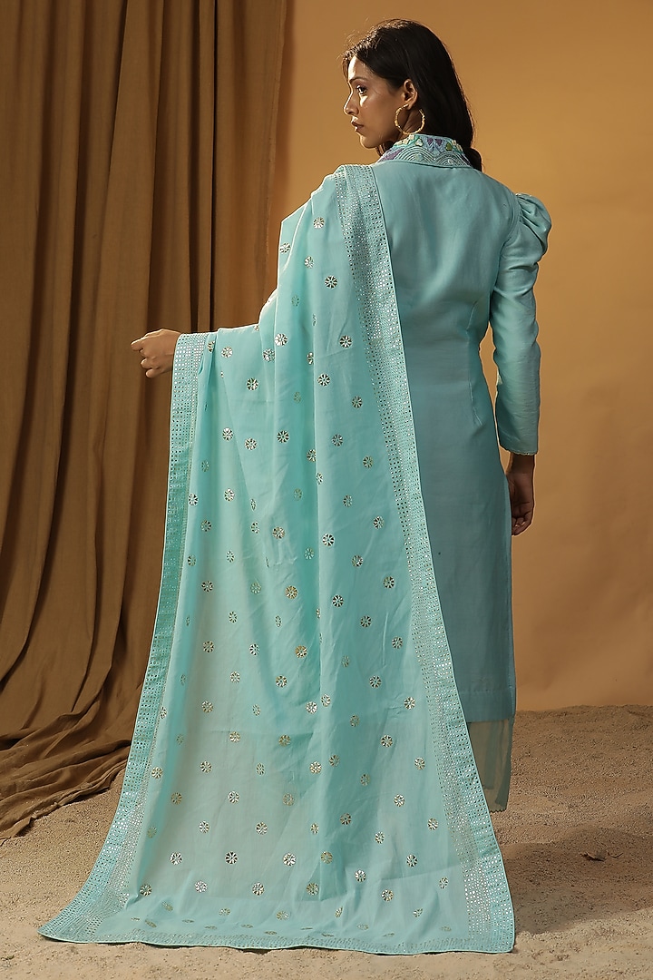 Sky Blue Chanderi Stone Work & Butterfly Hand Painted Kurta Set by Arpita Sulakshana at Pernia's Pop Up Shop