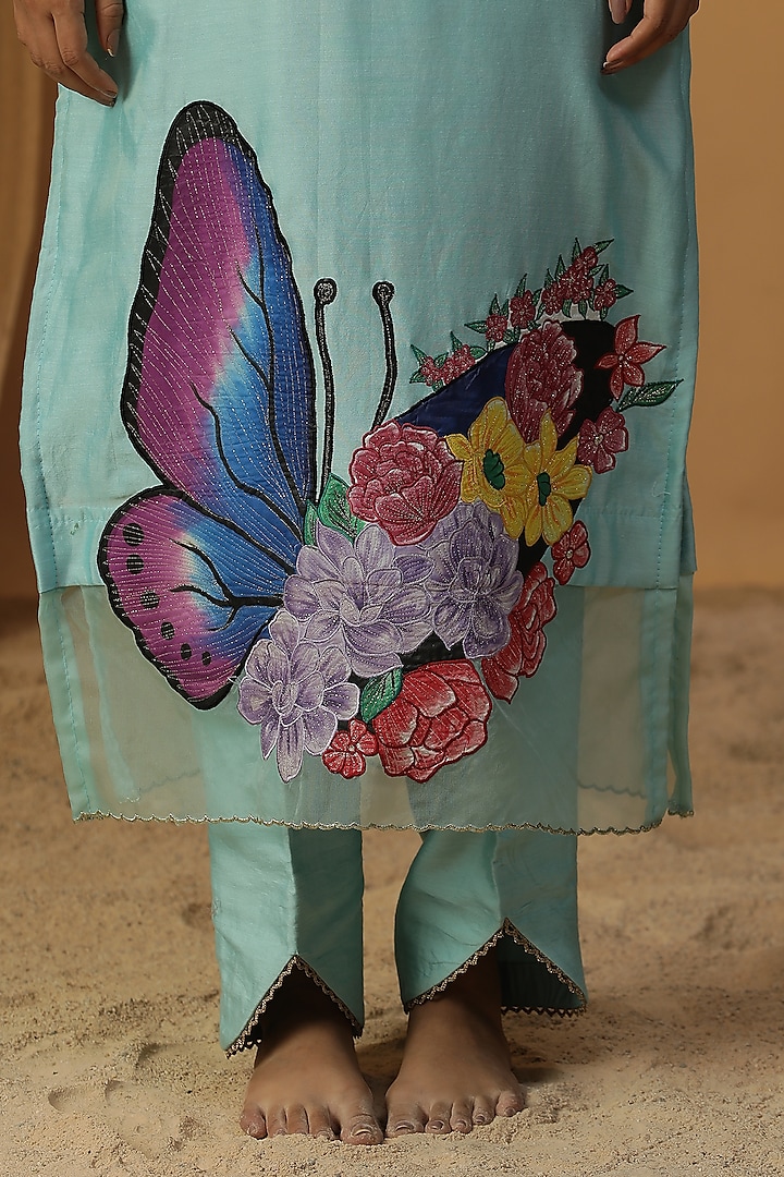 Sky Blue Chanderi Stone Work & Butterfly Hand Painted Kurta Set by Arpita Sulakshana at Pernia's Pop Up Shop