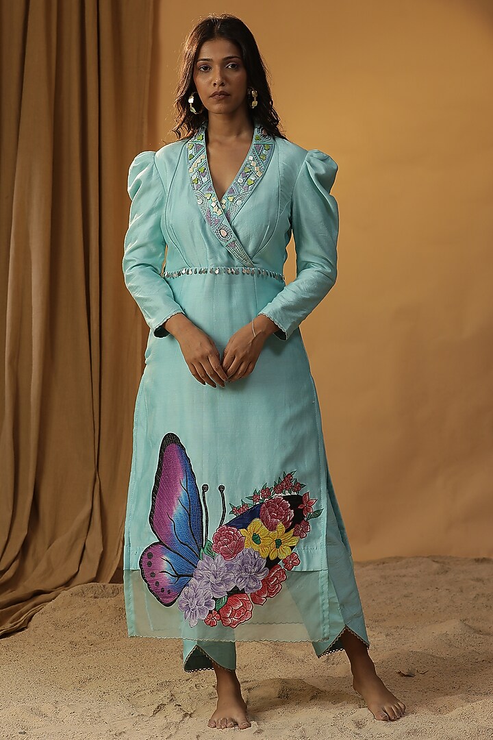Sky Blue Chanderi Stone Work & Butterfly Hand Painted Kurta Set by Arpita Sulakshana at Pernia's Pop Up Shop