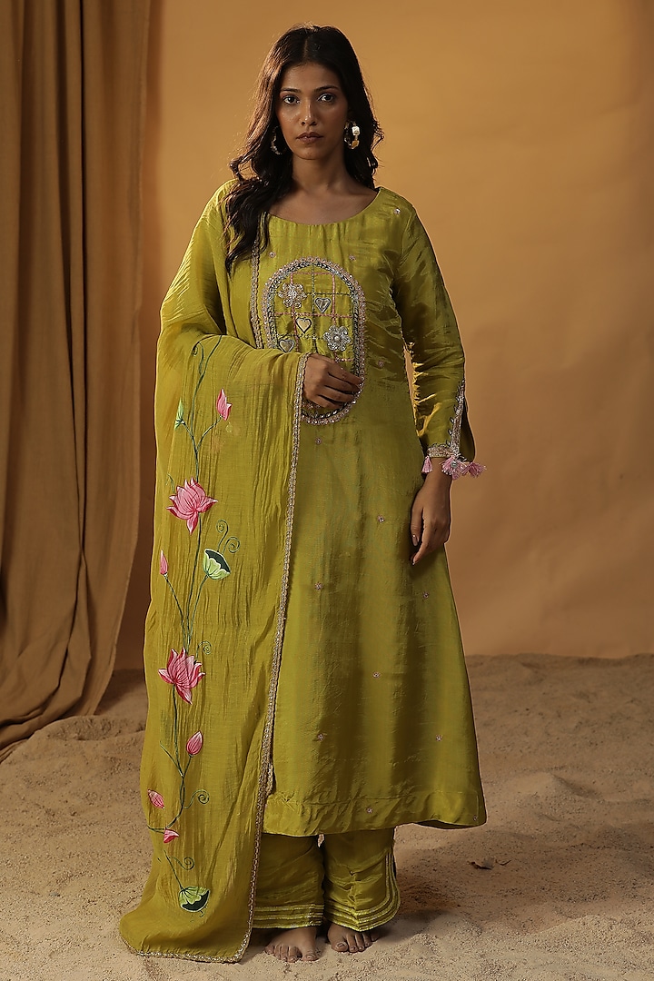 Green Chanderi Cutdana Embroidered Anarkali Set by Arpita Sulakshana at Pernia's Pop Up Shop