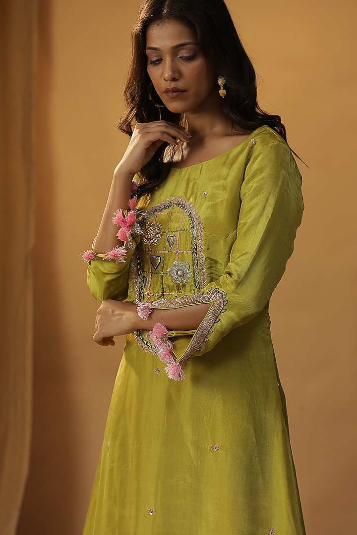 Green Chanderi Cutdana Embroidered Party Wear Anarkali Set by Arpita Sulakshana at Pernia's Pop Up Shop