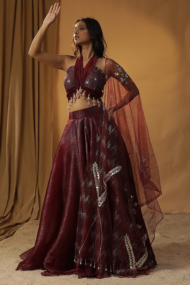 Maroon Organza Wedding Lehenga Set by Arpita Sulakshana at Pernia's Pop Up Shop