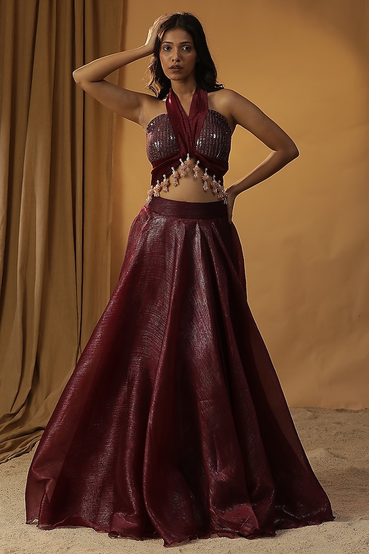 Maroon Organza Wedding Lehenga Set by Arpita Sulakshana at Pernia's Pop Up Shop