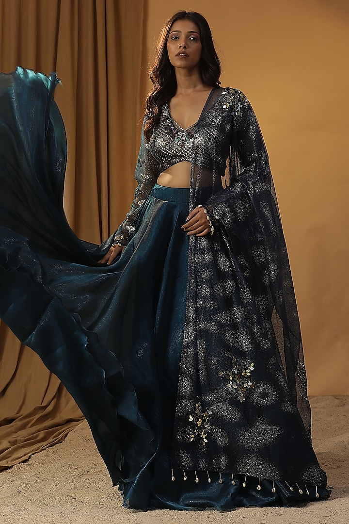 Navy Blue Organza Wedding Lehenga Set by Arpita Sulakshana at Pernia's Pop Up Shop