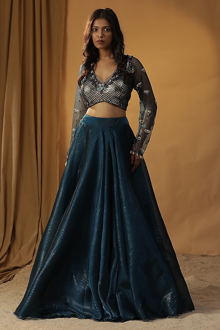 Navy Blue Organza Wedding Lehenga Set by Arpita Sulakshana at Pernia's Pop Up Shop