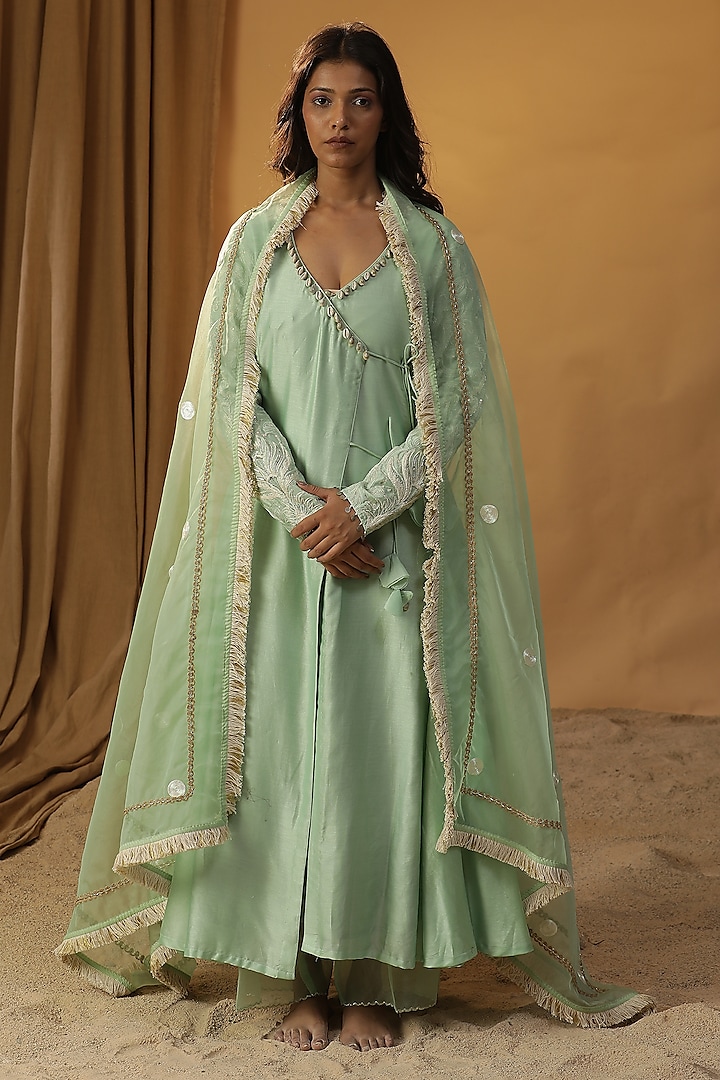 Pista Green Chanderi Dori Work Angrakha Anarkali Set by Arpita Sulakshana at Pernia's Pop Up Shop