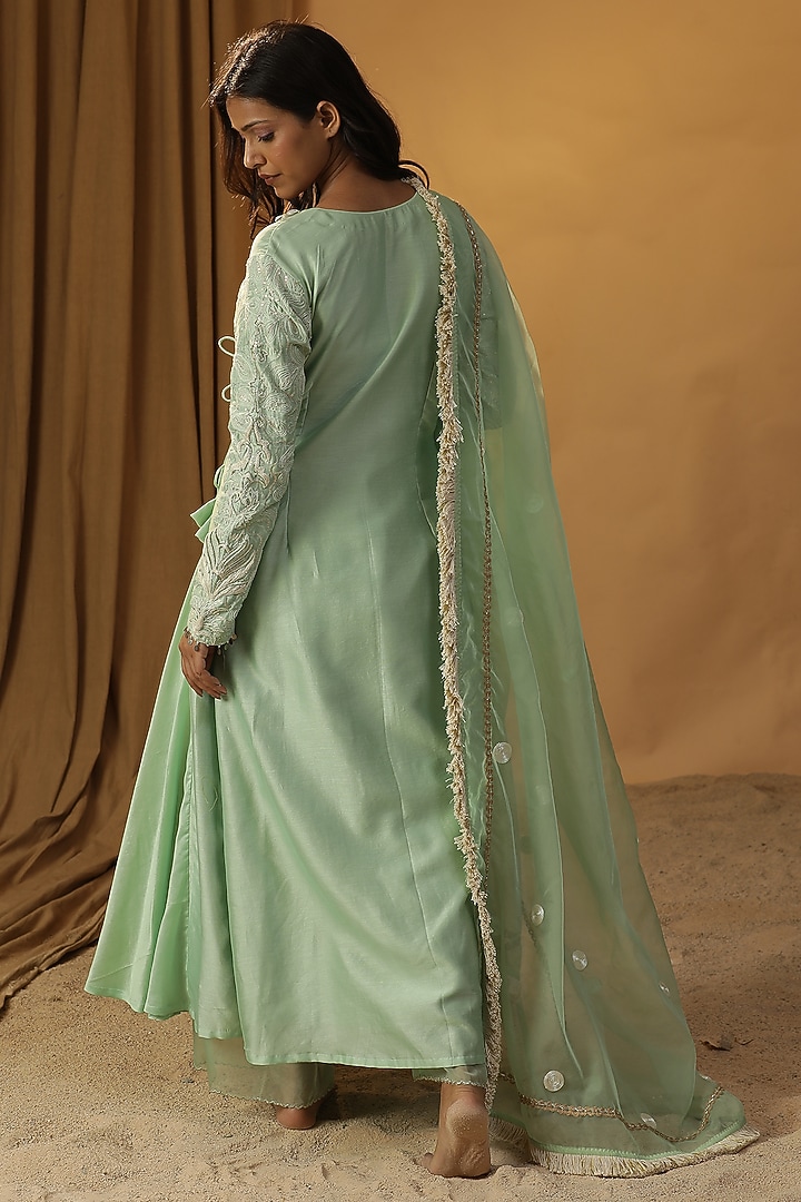 Pista Green Chanderi Dori Work Angrakha Party Wear Anarkali Set by Arpita Sulakshana at Pernia's Pop Up Shop