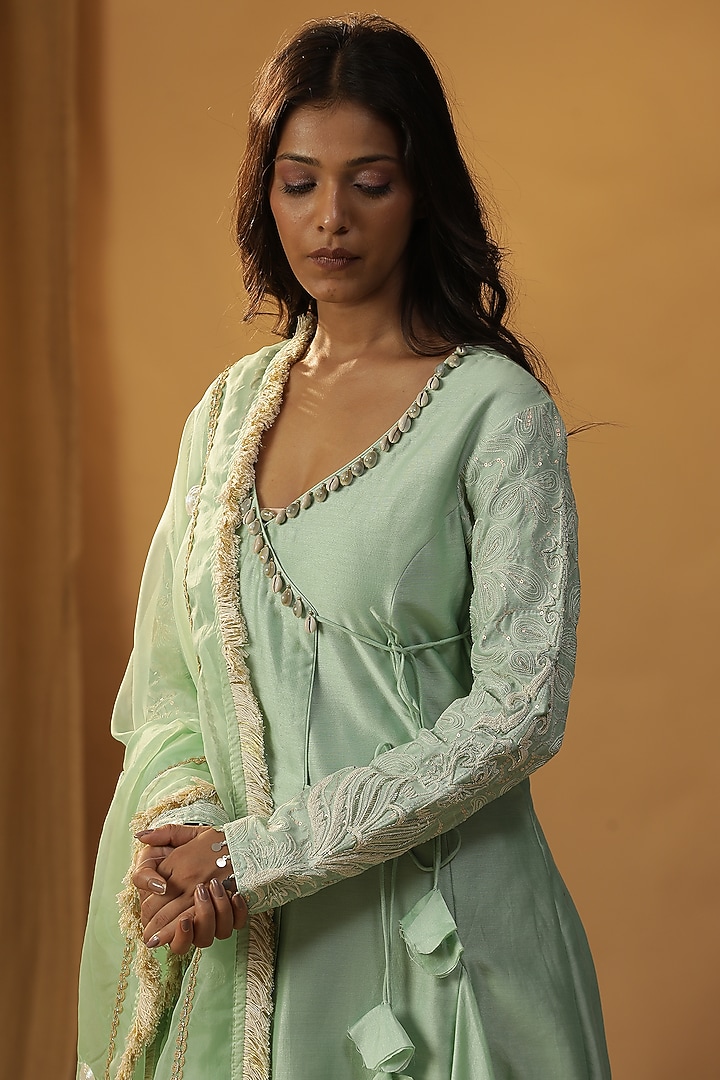 Pista Green Chanderi Dori Work Angrakha Party Wear Anarkali Set by Arpita Sulakshana at Pernia's Pop Up Shop
