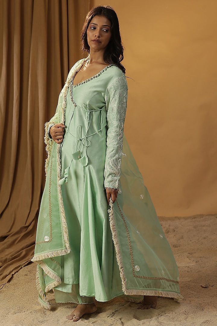 Pista Green Chanderi Dori Work Angrakha Party Wear Anarkali Set by Arpita Sulakshana at Pernia's Pop Up Shop