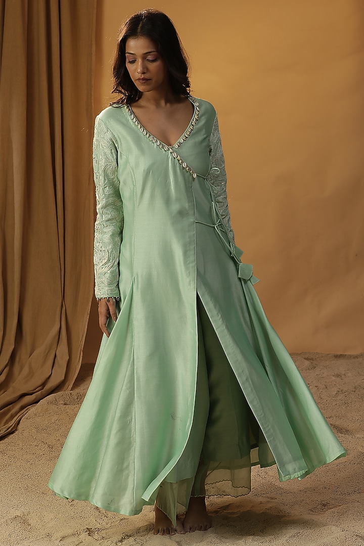 Pista Green Chanderi Dori Work Angrakha Party Wear Anarkali Set by Arpita Sulakshana at Pernia's Pop Up Shop