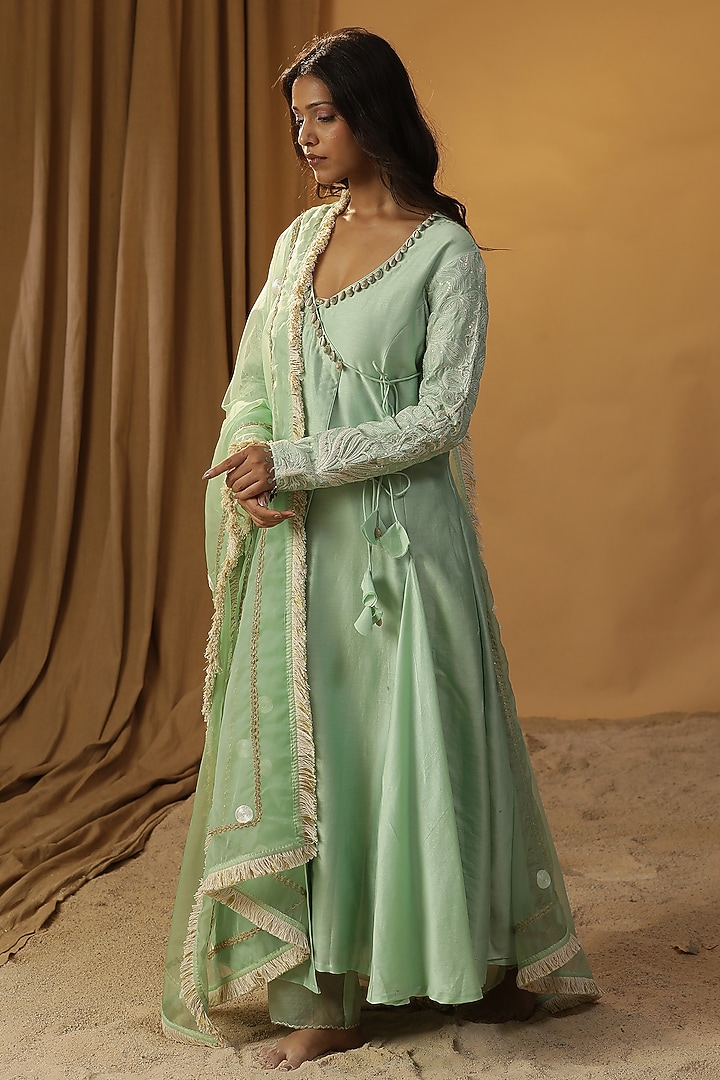 Pista Green Chanderi Dori Work Angrakha Party Wear Anarkali Set by Arpita Sulakshana at Pernia's Pop Up Shop