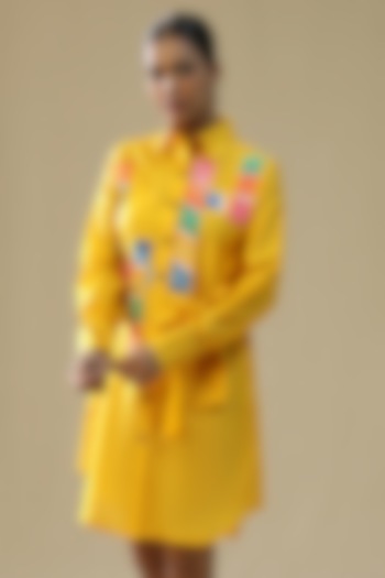 Yellow Chanderi Silk Hand Painted Summer Shirt Dress by Arpita Sulakshana at Pernia's Pop Up Shop