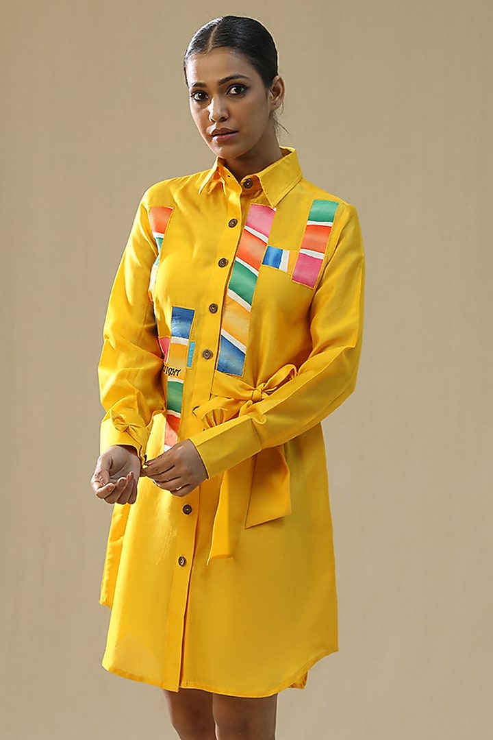 Yellow Chanderi Silk Hand Painted Summer Shirt Dress by Arpita Sulakshana at Pernia's Pop Up Shop