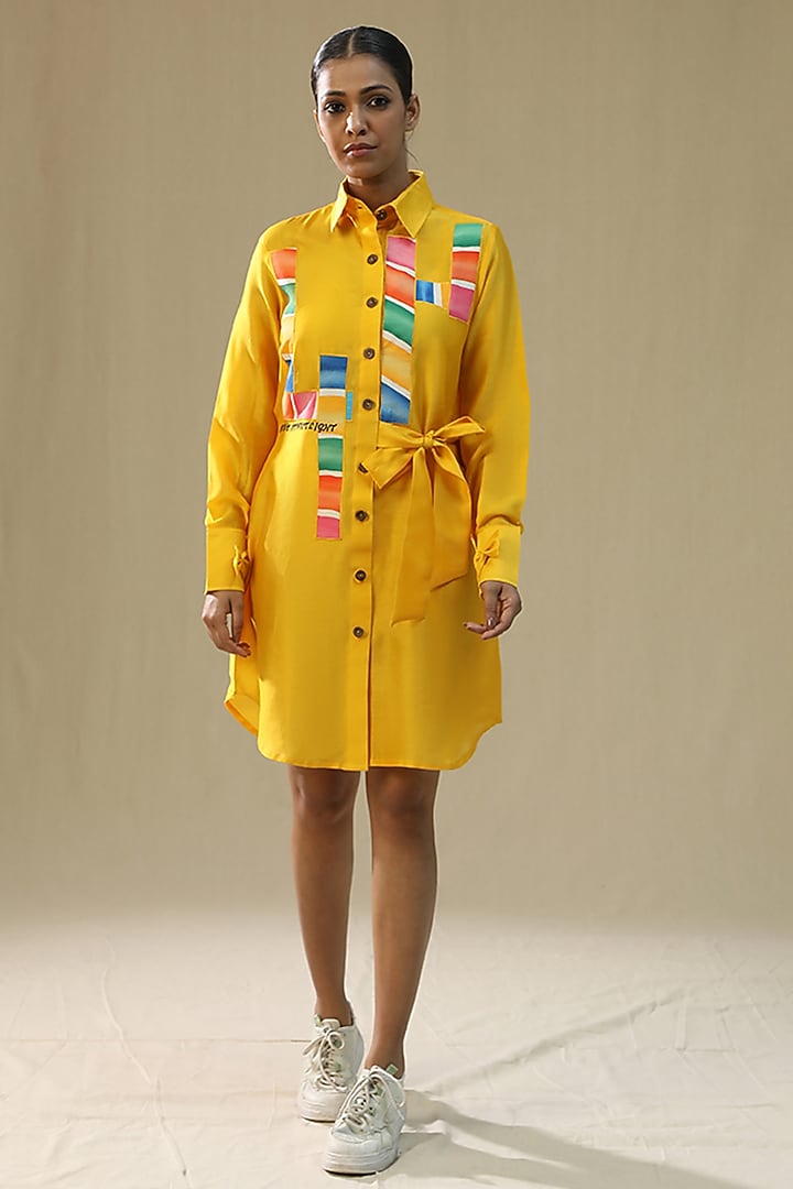 Yellow Chanderi Silk Hand Painted Summer Shirt Dress by Arpita Sulakshana at Pernia's Pop Up Shop