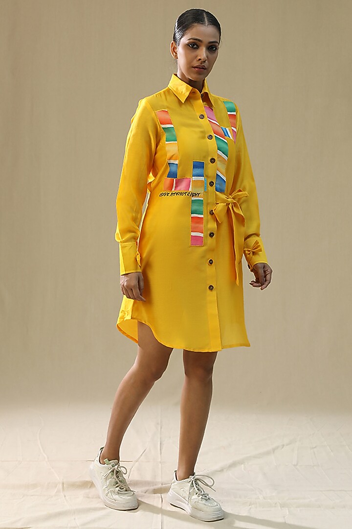 Yellow Chanderi Silk Hand Painted Summer Shirt Dress by Arpita Sulakshana at Pernia's Pop Up Shop